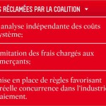 Mesures réclamées par la Coalition québécoise contre la hausse des frais de cartes de crédit et de débit.